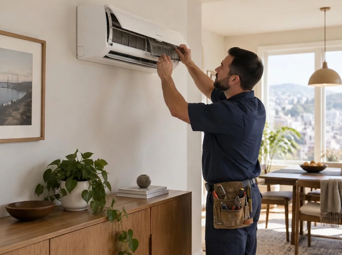 Illustrative HVAC technician inspecting a ductless heating and cooling system